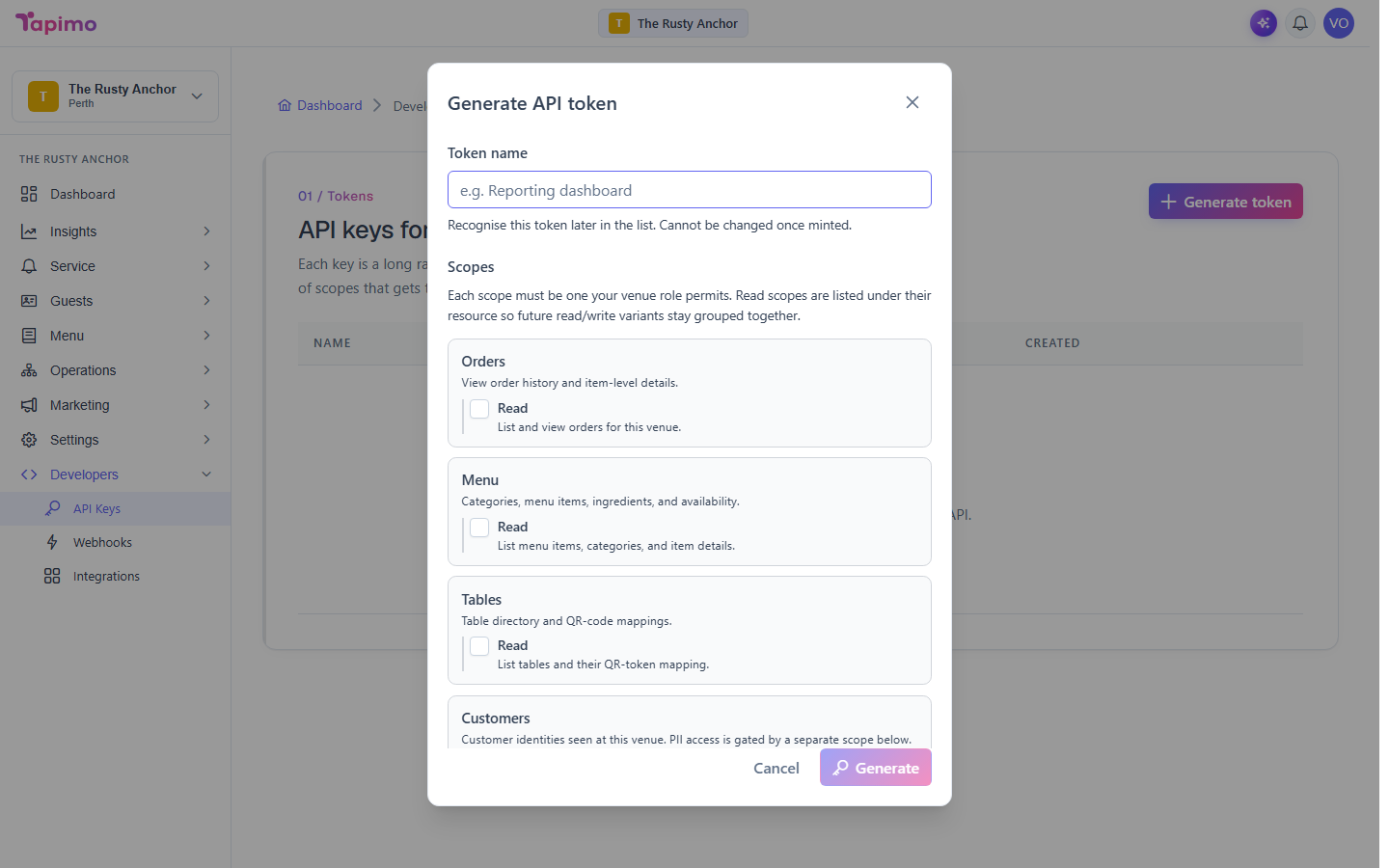The Generate API token dialog, with the token name field and the scope checkboxes grouped by resource.