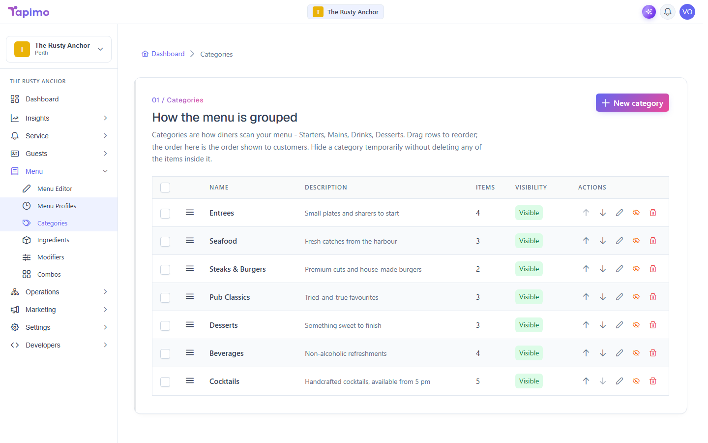 The Categories screen, listing the venue's menu categories with item counts, visibility and drag-to-reorder controls.