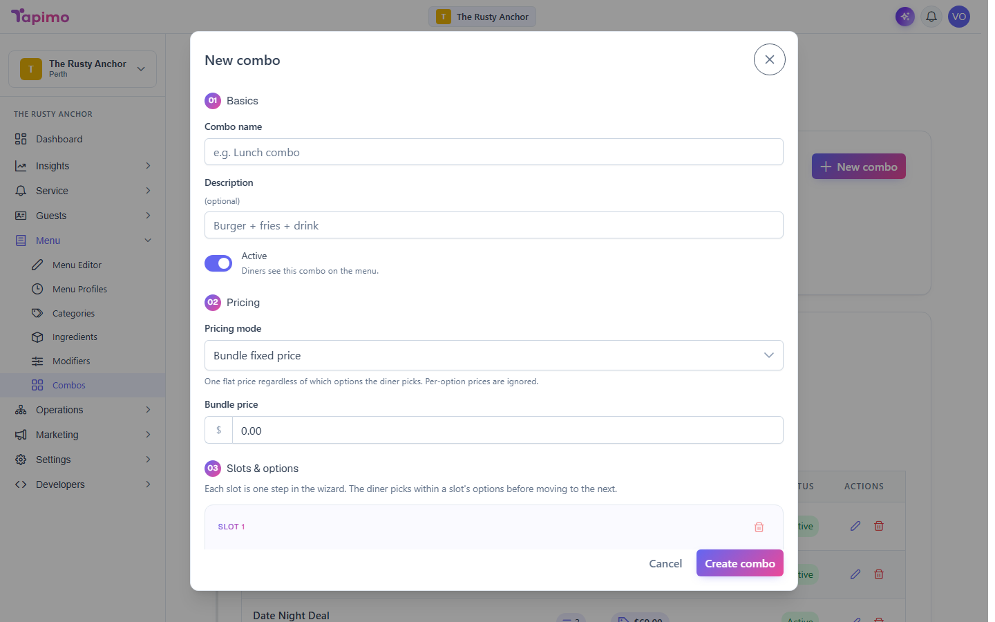 The New combo dialog, with the Basics, Pricing, and Slots and options sections of the combo builder.