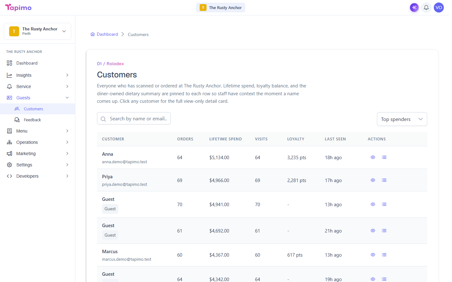 The Customers screen, with the rolodex intro, a search box, a sort control and the customer-list columns.