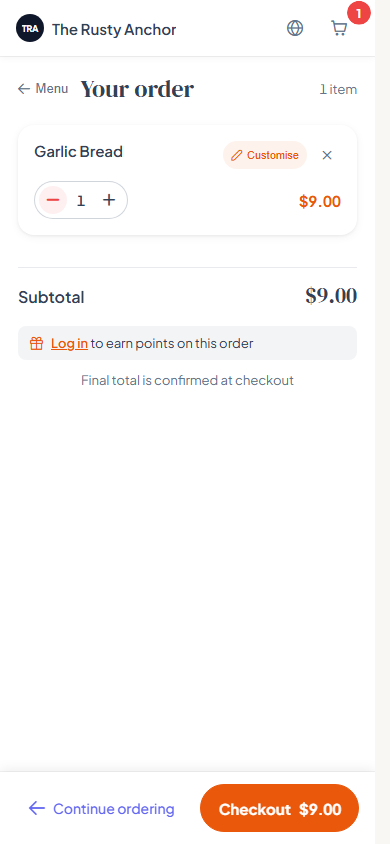The diner-facing cart on a phone, showing an item with its quantity, the subtotal and a Checkout button.