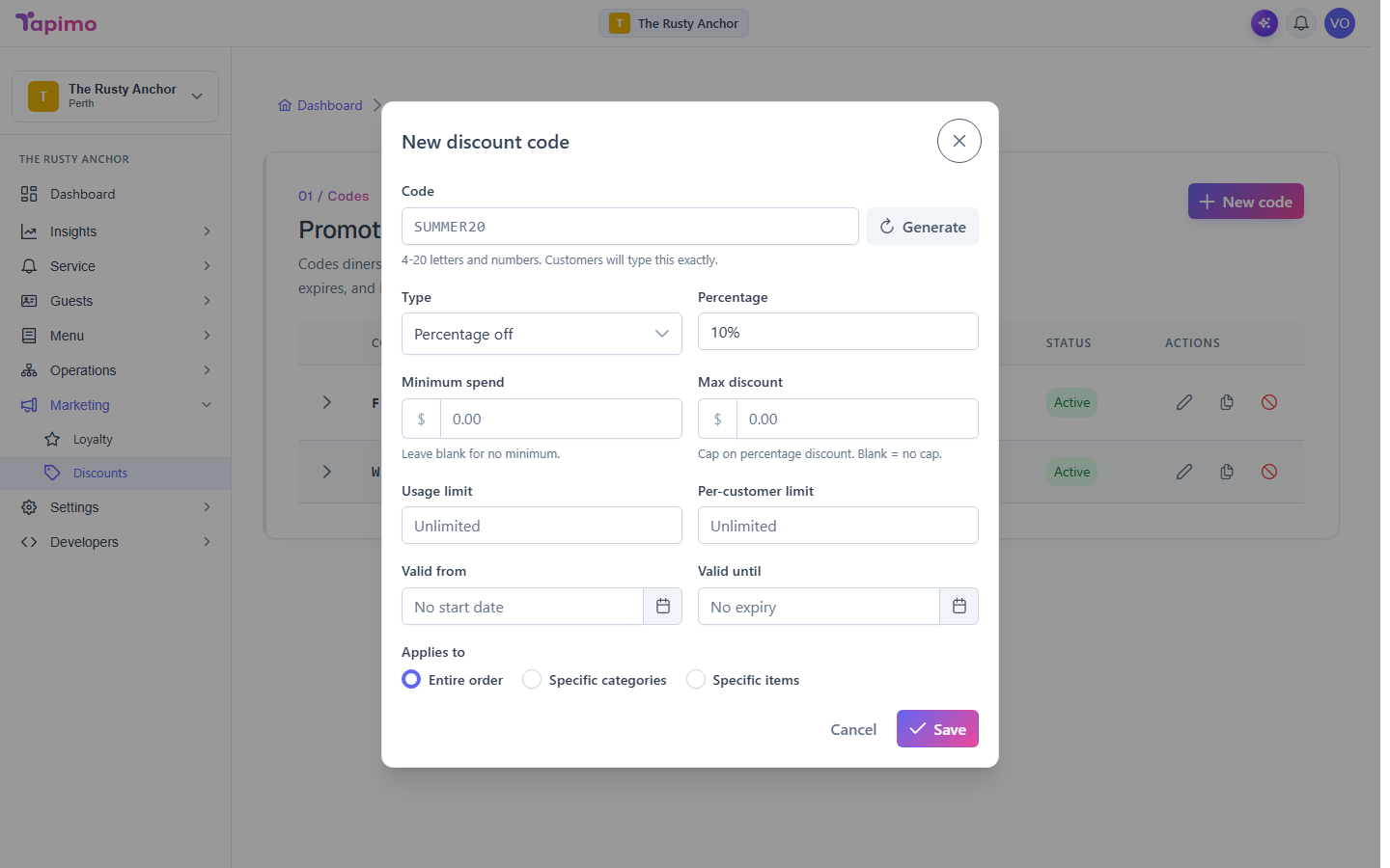 The New discount code dialog, with the code, type, value, limits, validity window and applies-to options.