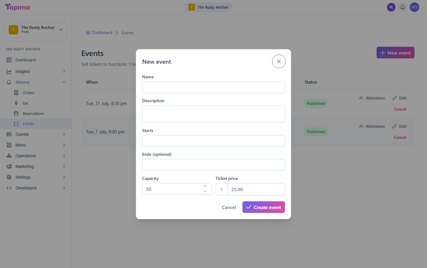 The New event dialog, with fields for the name, description, start and end times, capacity and ticket price.