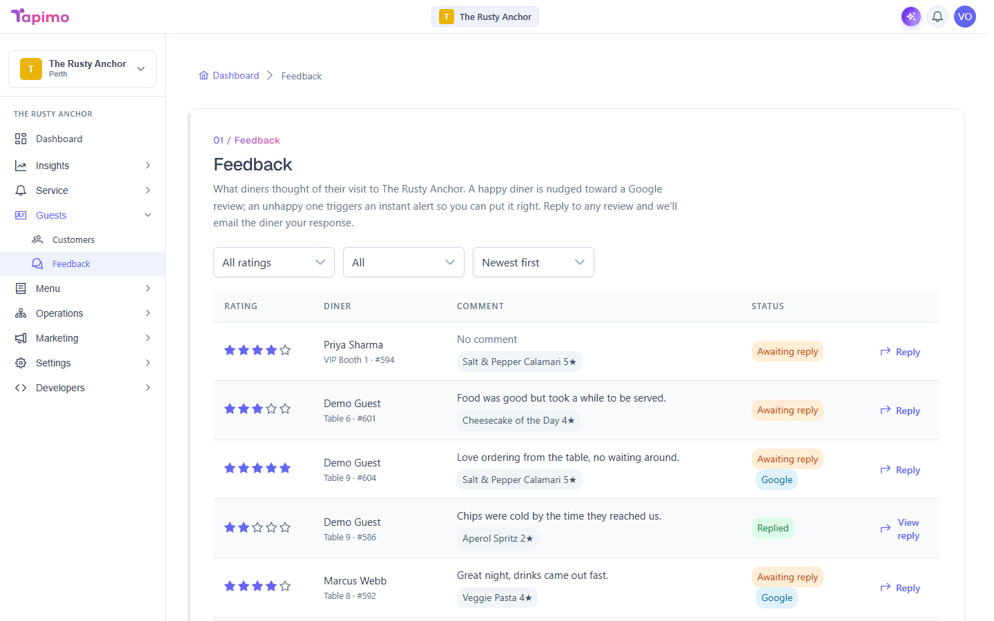 The Feedback screen, with rating and status filters above the list of diner feedback.