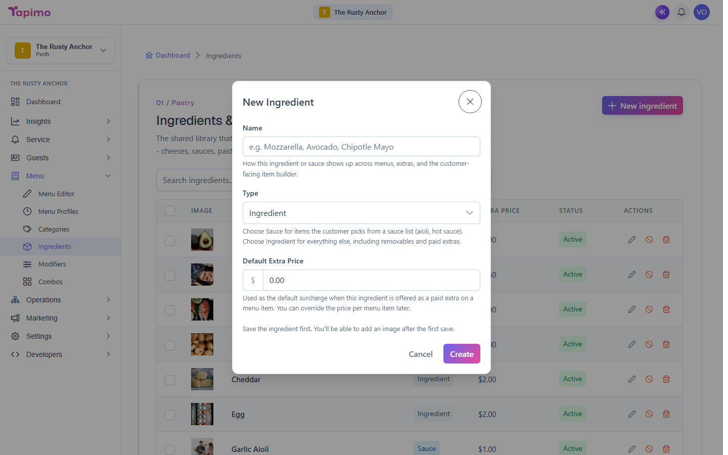 The New Ingredient dialog, with fields for the name, type (Ingredient or Sauce) and default extra price.