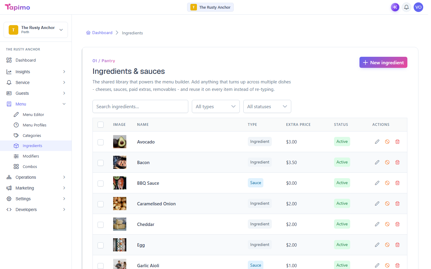 The Ingredients screen, a searchable list of shared ingredients and sauces with their type, extra price and active status.