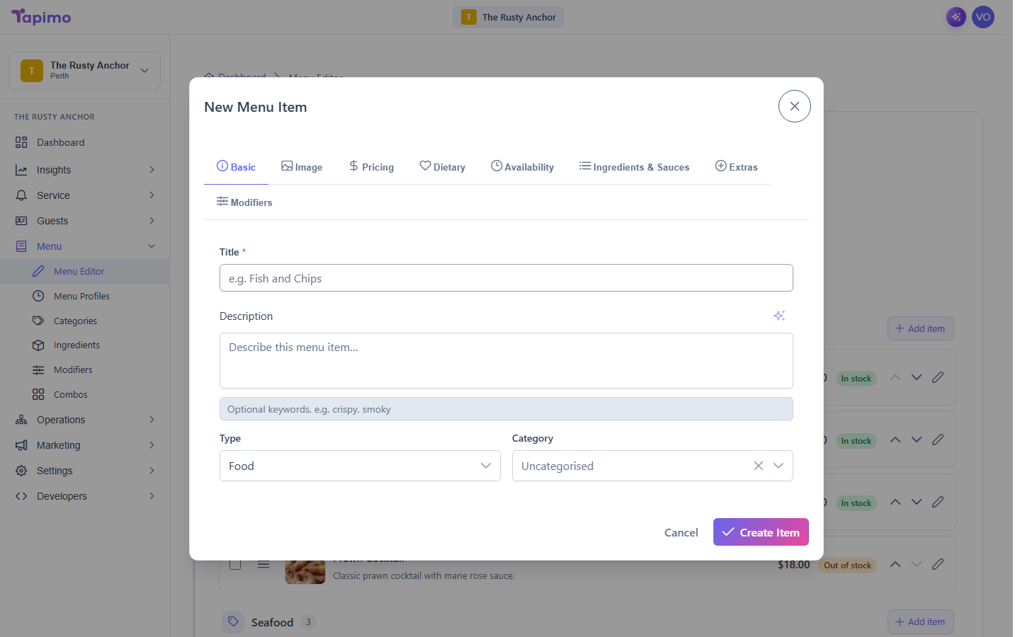 The New Menu Item dialog open over the menu list, with its Basic, Image, Pricing, Dietary, Availability, Ingredients &amp; Sauces, Extras and Modifiers tabs.