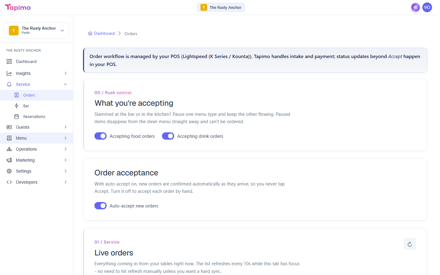 The Orders screen, showing the rush-control "Accepting food orders" and "Accepting drink orders" toggles and the "Auto-accept new orders" switch above the live order list.