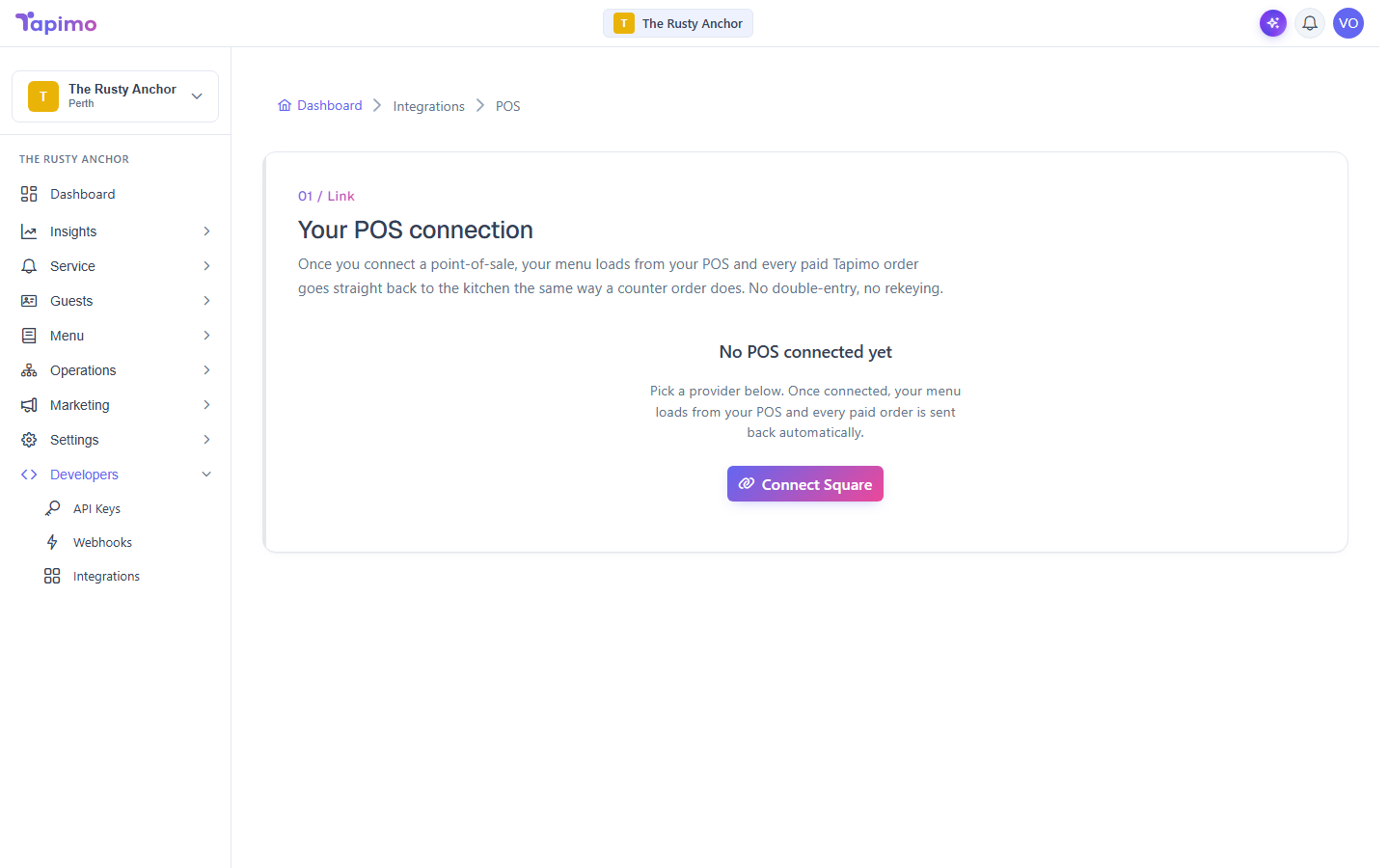 The POS connection screen, explaining how a connected point-of-sale loads your menu and receives paid orders, with a Connect button.