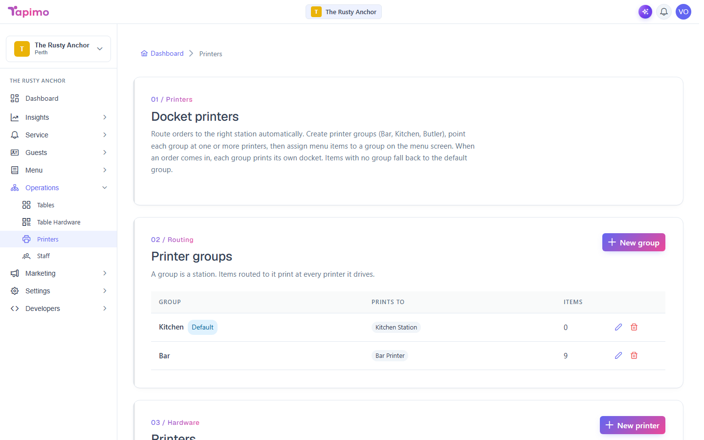 The Printers screen, explaining docket routing with the printer groups section and a New group button.