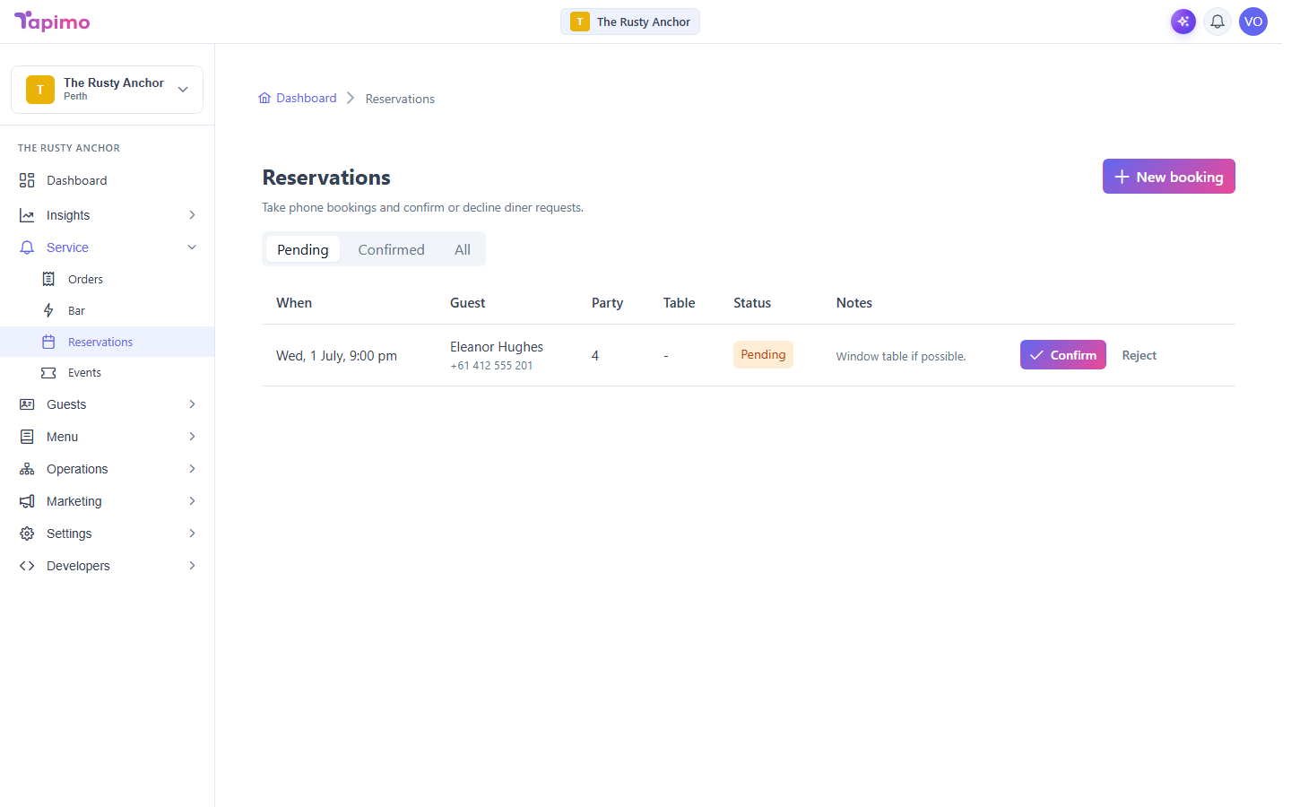 The Reservations screen, with Pending, Confirmed and All tabs and a New booking button.