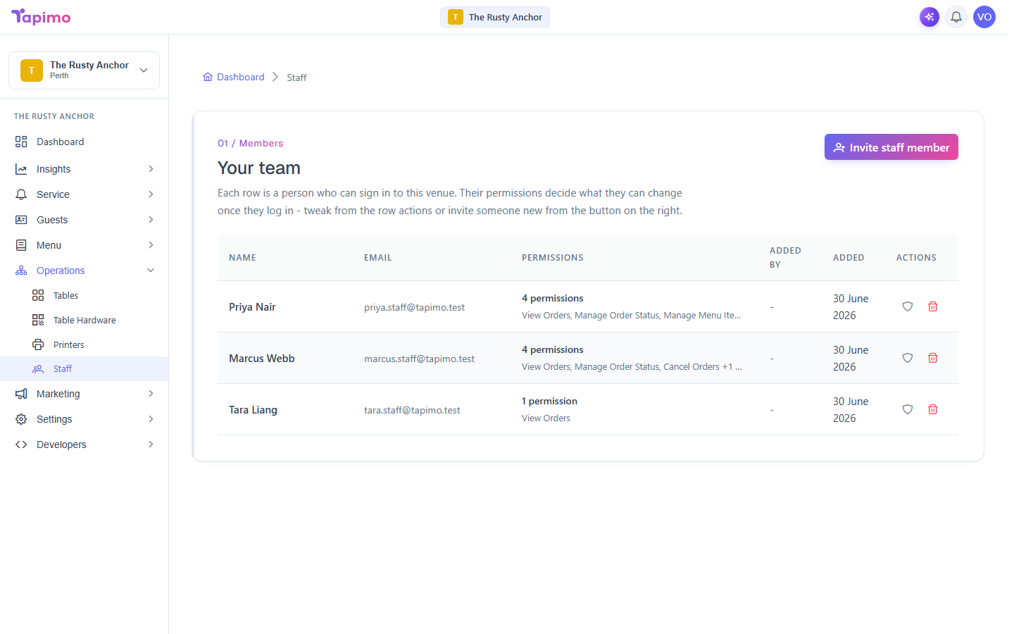 The Staff screen, with the team intro and an Invite staff member button above the team list.
