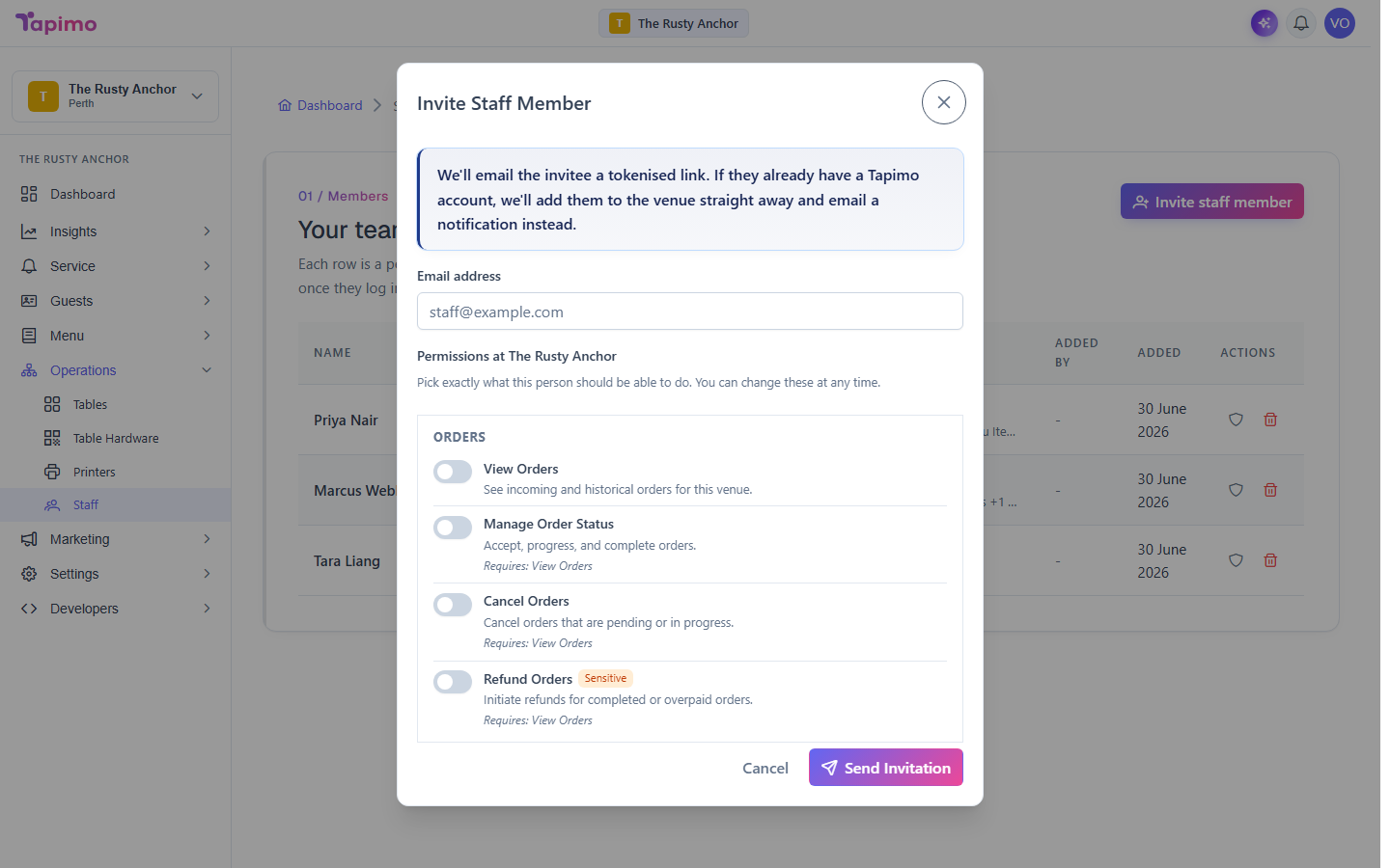 The Invite Staff Member dialog, with the email field and the permission toggles grouped by area.