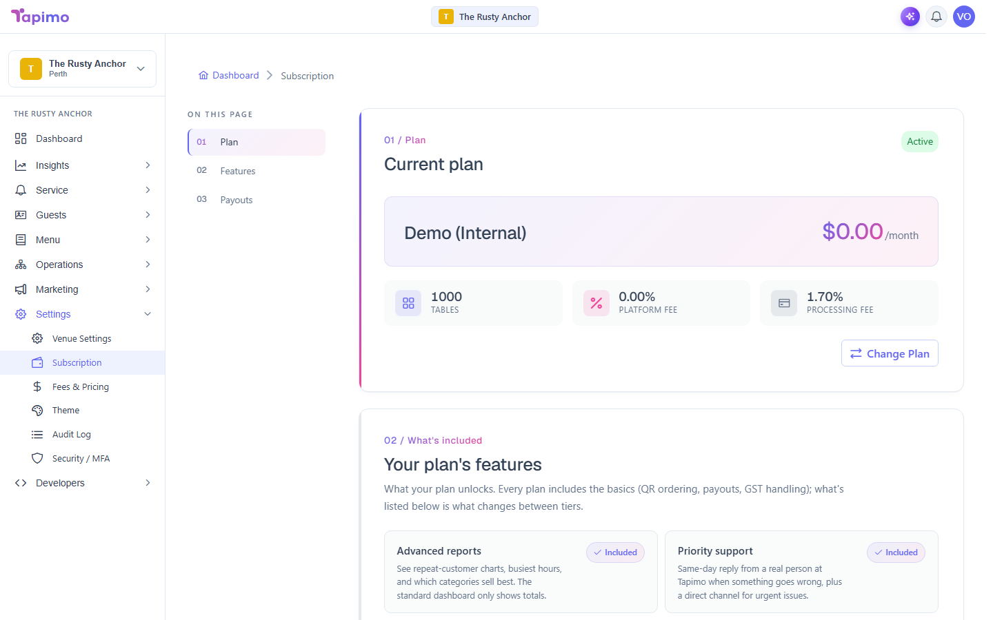 The Subscription screen, showing the current plan and a Change Plan button.