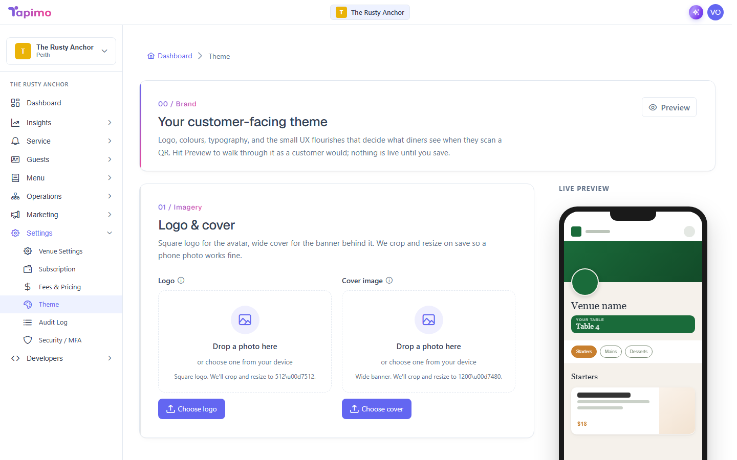 The theme editor, showing the imagery, industry preset, typography and palette controls.