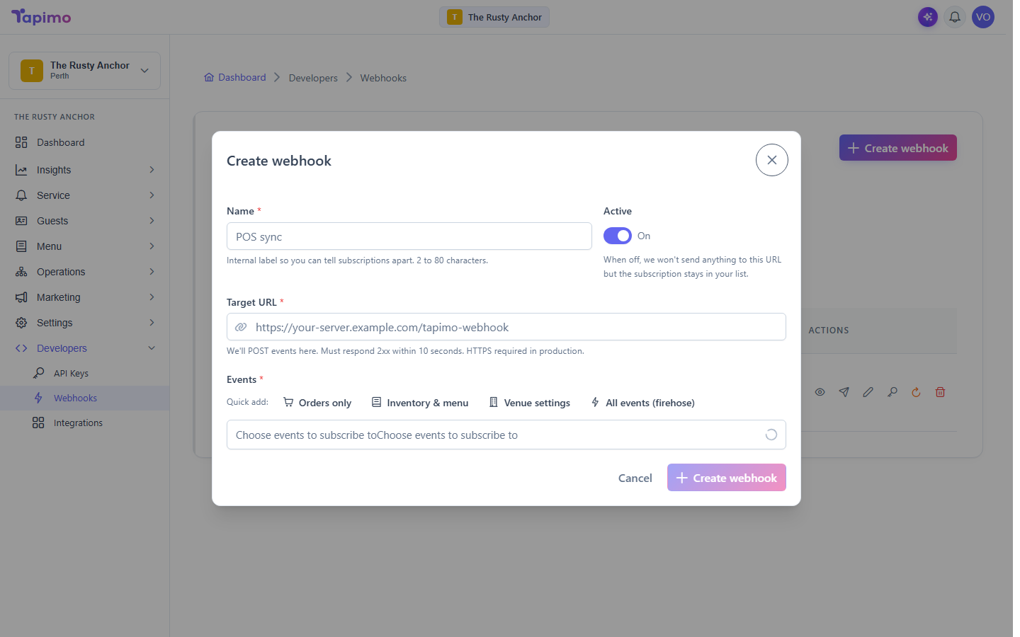 The Create webhook dialog, with the name, target URL, active toggle and event-selection presets.